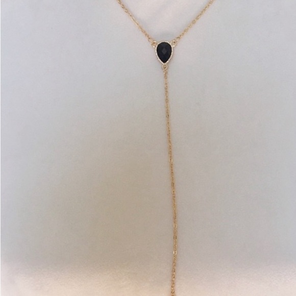 Zara Black Faceted Gem with Golden Bar Lariat Necklace Very Fine Gold tone Bar. - Picture 3 of 6